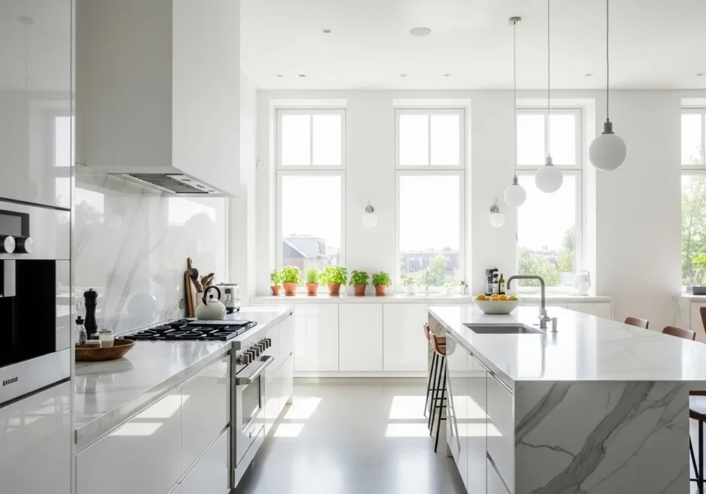 Bright modern kitchen with white marble countertops, minimalist decor, and large windows with natural sunlight creating a clean aesthetic space