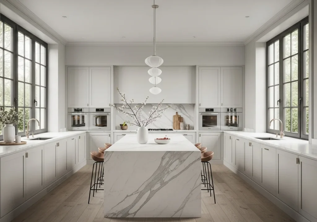 Modern kitchen decor ideas with white marble countertops, minimalist styling, and bright natural sunlight in a stylish kitchen space