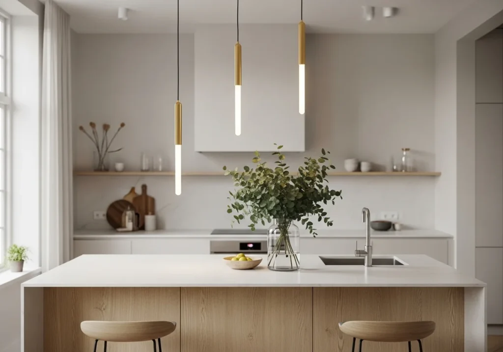 Stylish kitchen decor ideas with a modern kitchen island, gold pendant lights, and a vase of fresh eucalyptus for an elegant look