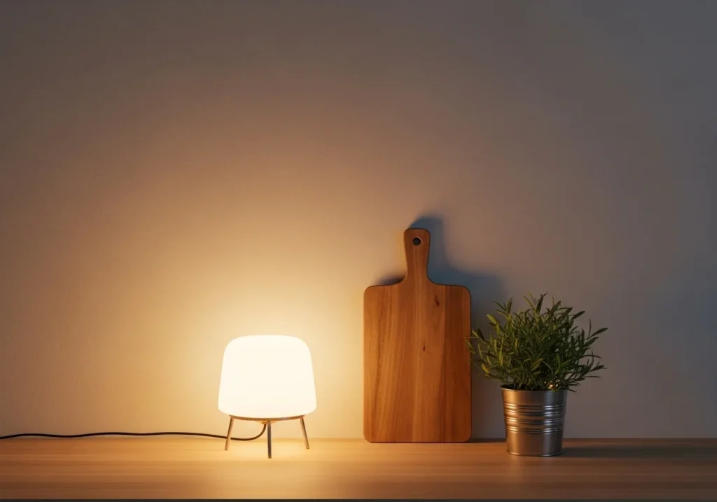 Cozy kitchen decor ideas with a warm lamp, wooden cutting board, and a small plant creating a soft and inviting kitchen corner