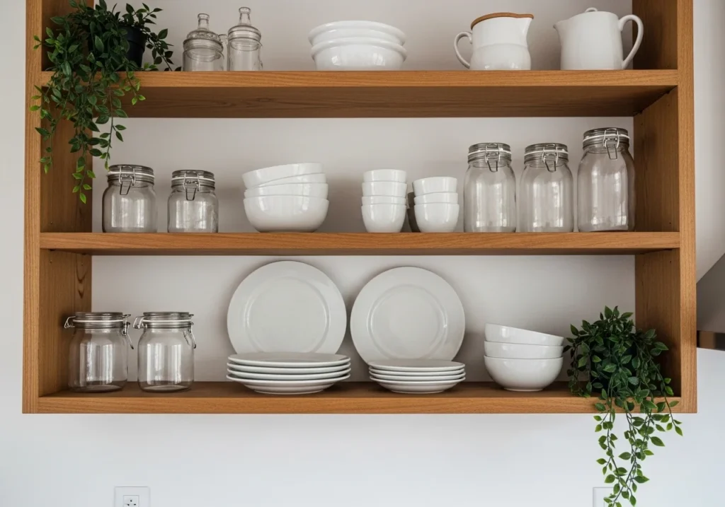 Open shelf kitchen decor ideas with wooden shelves, white ceramic plates, glass jars, and small green plants for a clean organized look
