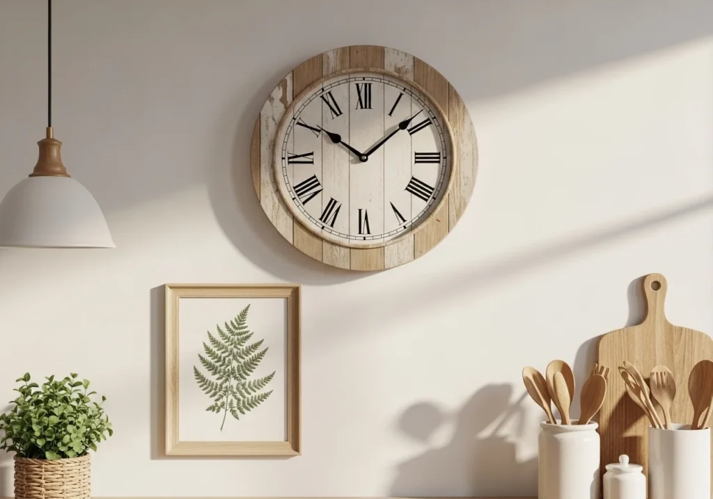 Creative kitchen decor ideas with a vintage wooden clock and framed botanical wall art adding charm to a stylish kitchen wall