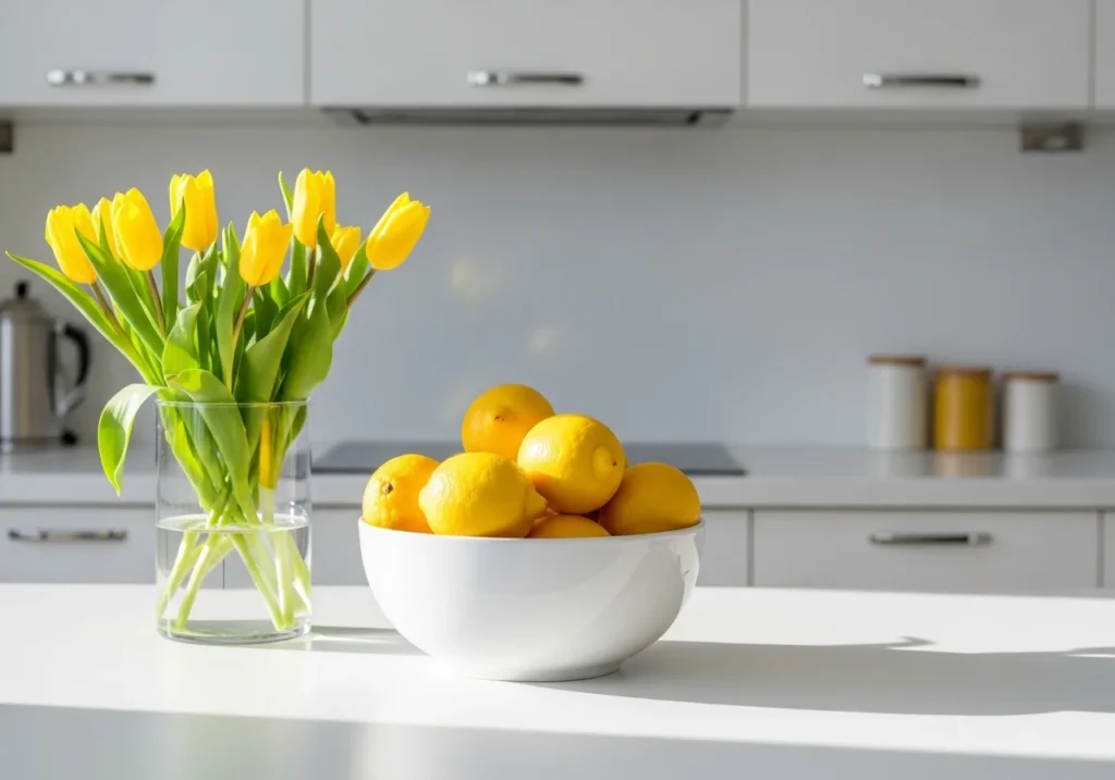 Fresh kitchen decor ideas with a spring-themed counter featuring a bowl of lemons and a vase of yellow tulips for a bright look