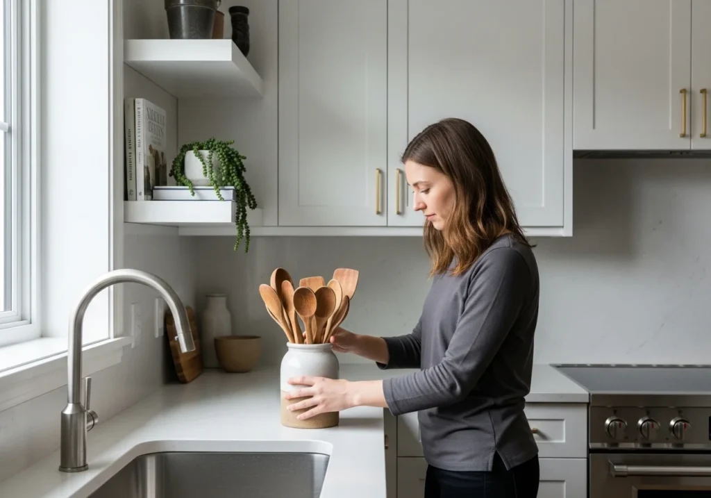 Kitchen decor ideas with a clean white counter where a person arranges wooden spoons in a ceramic jar for a minimal organized look