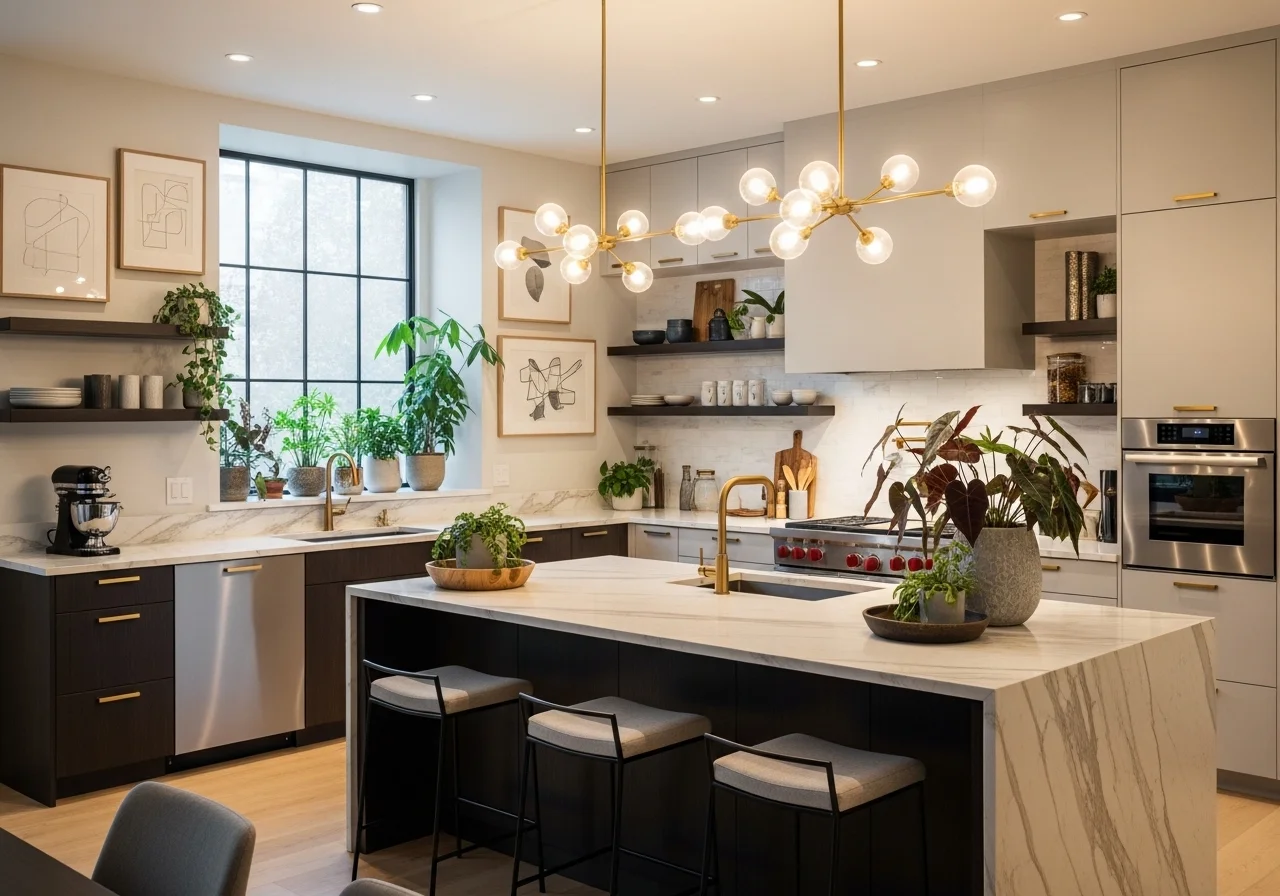 Beautiful kitchen decor ideas with warm lighting, indoor plants, and wall art creating a stylish and fully decorated modern kitchen space