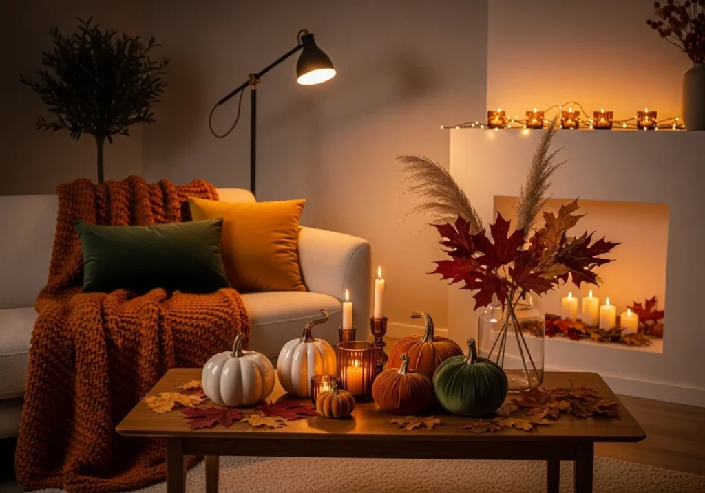 Autumn home decor ideas featuring warm cozy styling with pumpkins, candles, and soft autumn tones in a beautiful seasonal interior