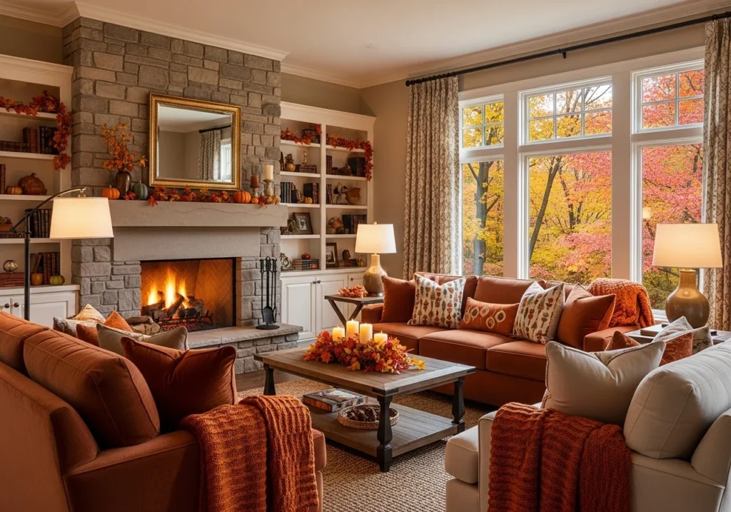 Autumn home decor ideas in a cozy living room with a stone fireplace, burnt orange velvet cushions, and large windows showing autumn trees outside