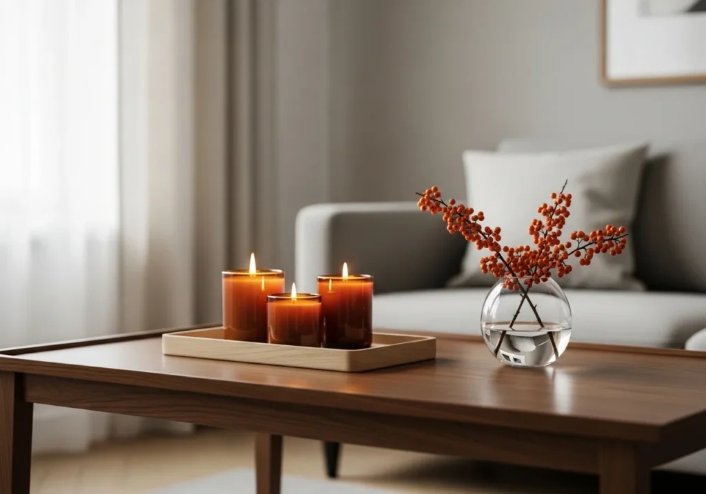 Autumn home decor ideas with a stylish coffee table featuring lit amber candles, wooden tray, and a vase of orange berries