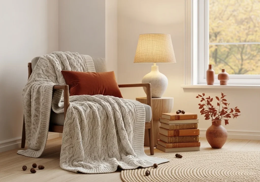 Autumn home decor ideas with a cozy corner featuring a warm lamp, wool blanket on a chair, and a stack of books