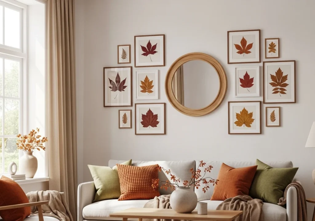 Autumn home decor ideas featuring a gallery wall with framed dried leaves and a large circular wooden mirror