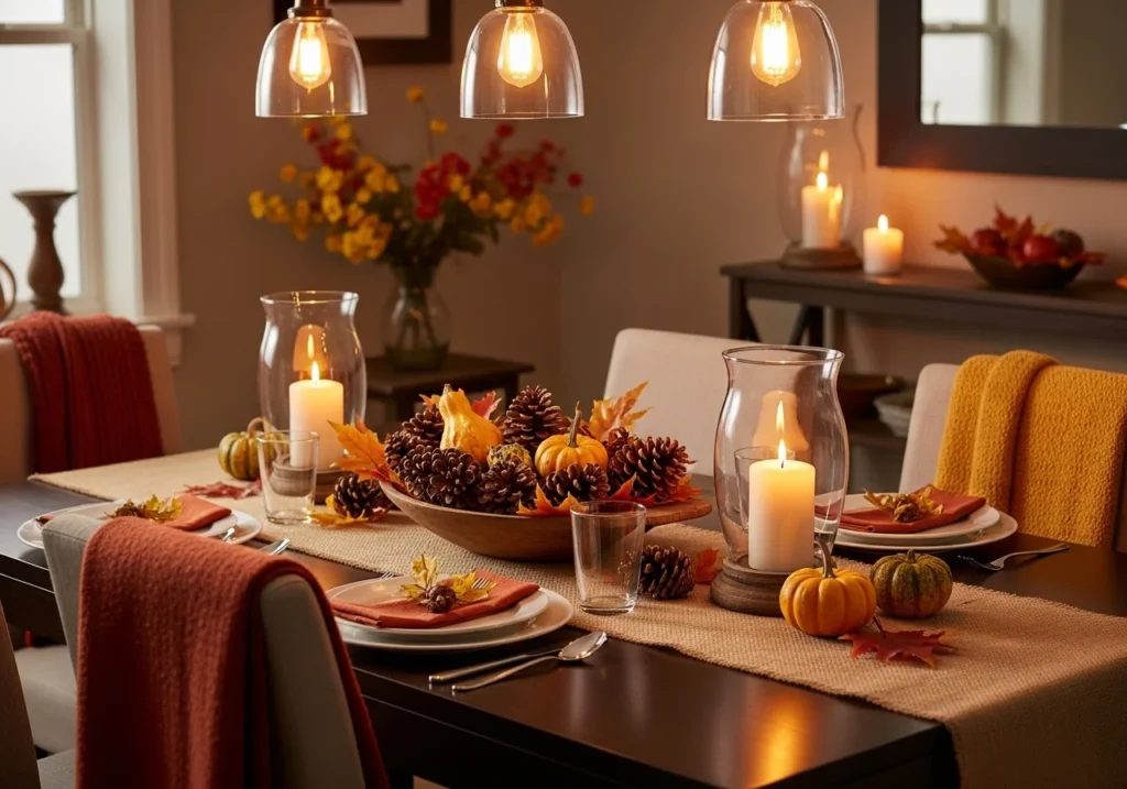 Autumn home decor ideas with a dining table styled with a burlap runner and a pinecone centerpiece