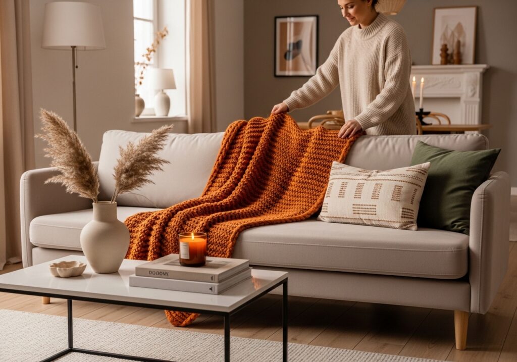 Autumn home decor ideas with a person placing a thick orange blanket over a neutral-colored sofa for a cozy seasonal look