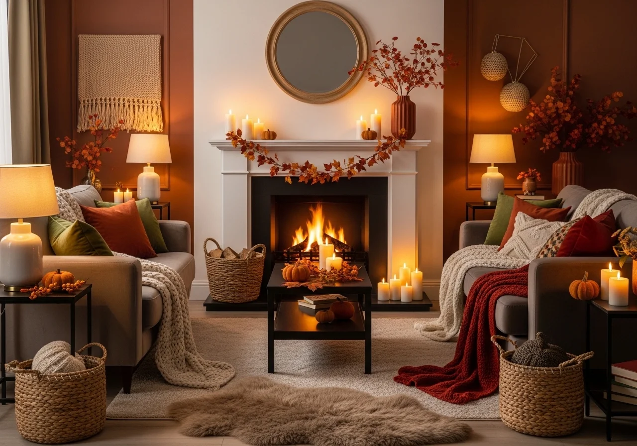 Autumn home decor ideas with a perfectly styled living room featuring a fireplace, warm lighting, and cozy seasonal decor