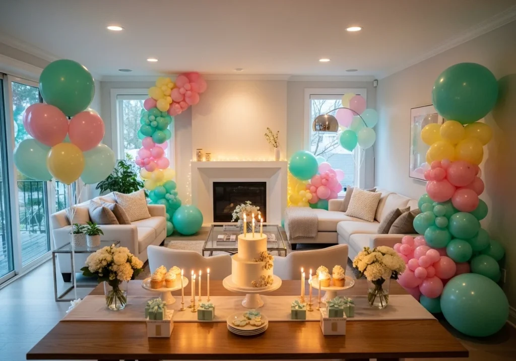 Luxury living room birthday decoration with pastel balloons and warm fairy lights setup