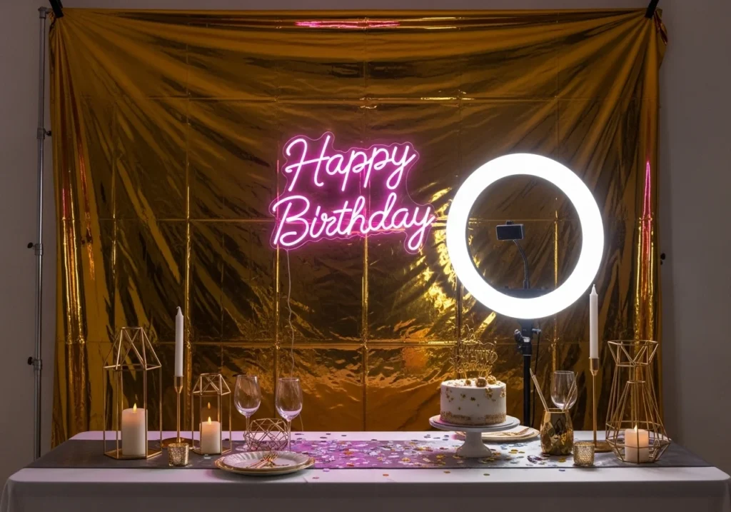 Pink neon Happy Birthday sign on gold foil backdrop with ring light setup