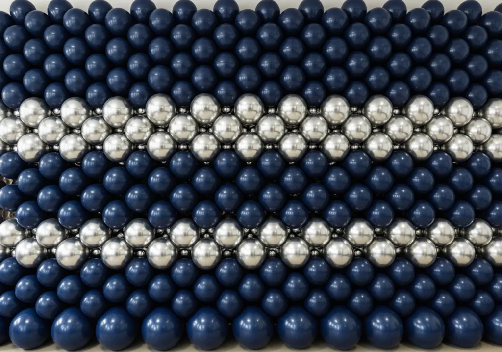 Geometric balloon wall with navy blue and chrome silver balloons in a grid pattern for birthday decoration backdrop