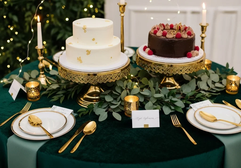 Luxury cake table with velvet cloth, gold stands, and eucalyptus greenery for birthday setup