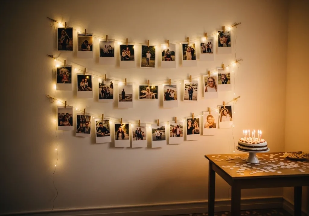 Memory wall with photos on twine and wooden clips lit by soft fairy lights for birthday decor