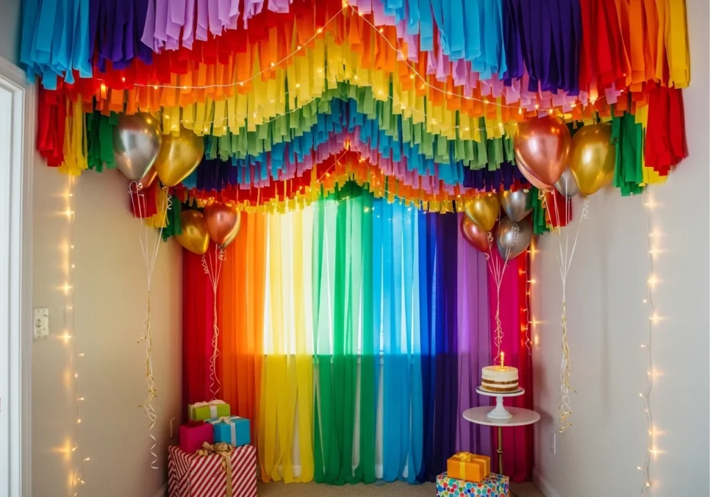 Vertical birthday decoration in small room with crepe paper streamers hanging from ceiling canopy