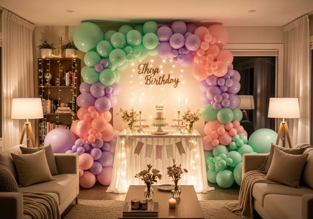 Birthday decoration at home with pastel balloons, fairy lights, and cake table setup in living room