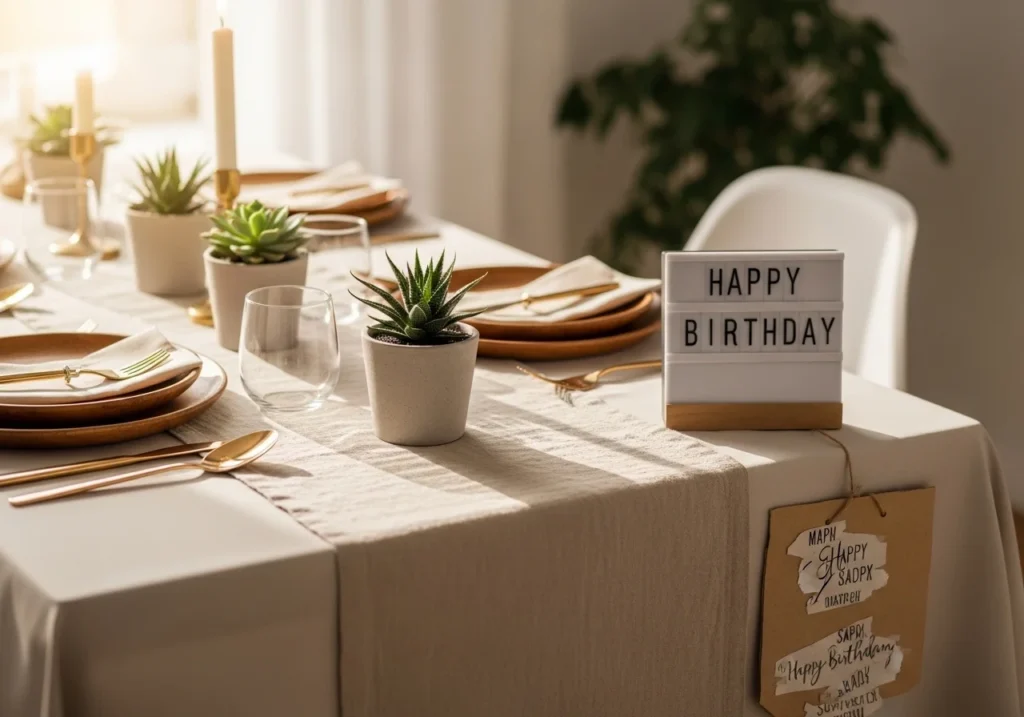 Eco-friendly birthday decoration at home with linen table runner and potted succulents instead of plastic decor