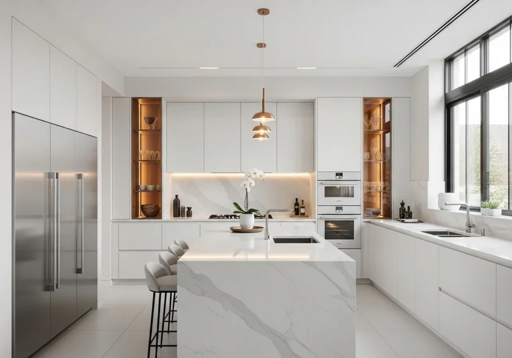 Luxury modern kitchen with floor-to-ceiling white storage cabinets and integrated lighting setup