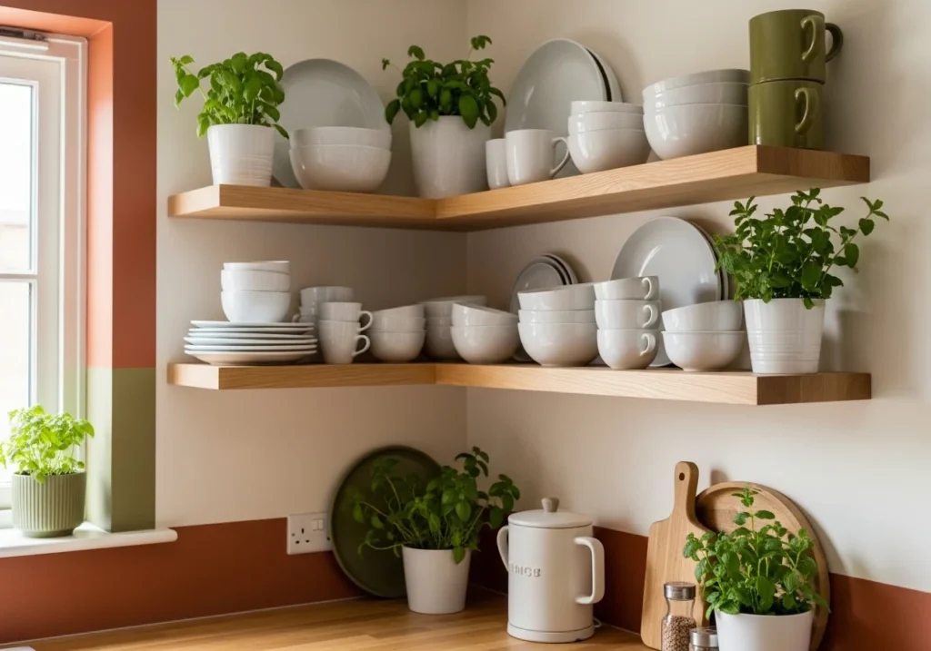 Kitchen corner with floating wooden shelves, white ceramics, and potted herbs for storage decor