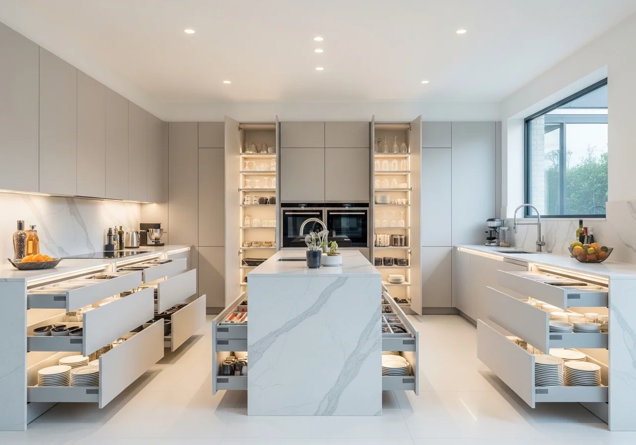 Modern kitchen storage cabinets with sleek design and organized luxury kitchen interior