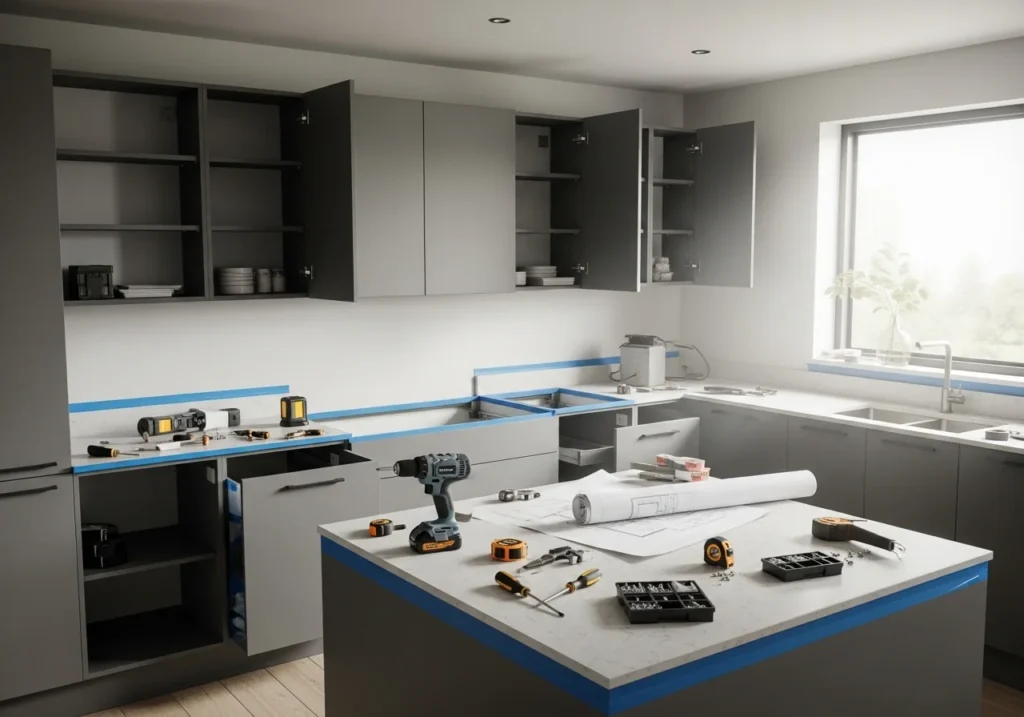 Kitchen storage cabinets installation in progress with tools neatly arranged and modern kitchen setup