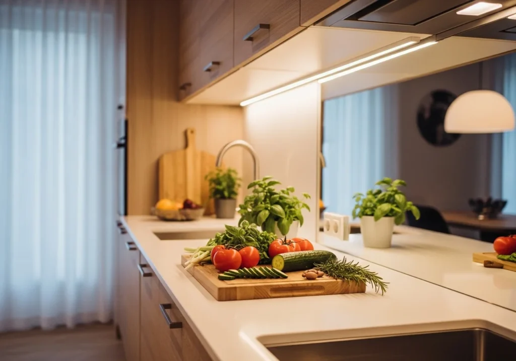 Under-cabinet lighting in kitchen storage cabinets highlighting white countertop, wooden board, and fresh vegetables