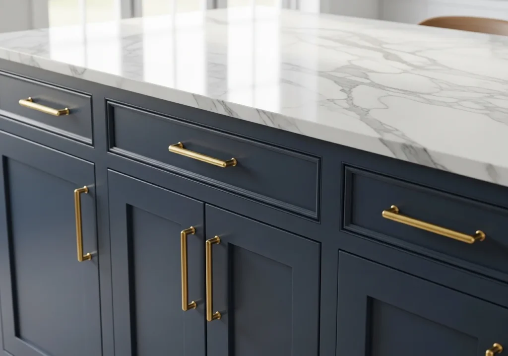 Navy blue Shaker kitchen storage cabinets with gold handles and white marble countertop close-up