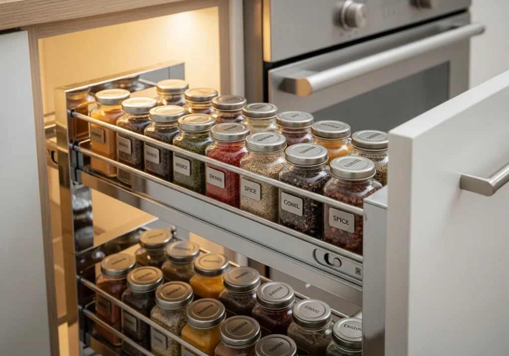 Pull-out kitchen storage cabinet spice rack with glass jars and metallic labels