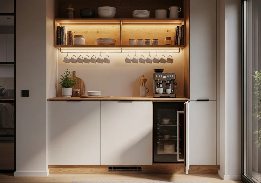 Built-in kitchen coffee station with hidden appliance door and white mugs rack