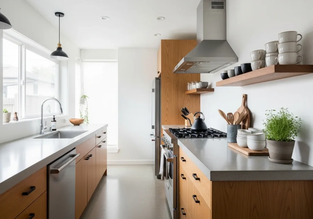 A minimalist kitchen with clean counters, wood accents, and modern kitchenware.