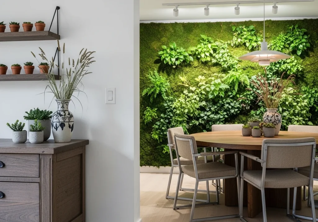 A modern home interior featuring sustainable materials, earthy color tones, and smart home technology.