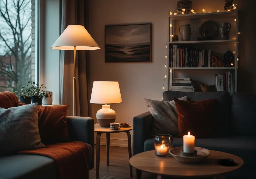 A cozy home interior with layered textiles and warm ambient lighting.