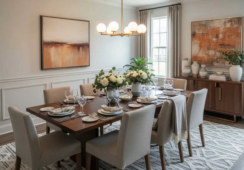 An inviting dining room with modern furniture, elegant tableware, and warm lighting.