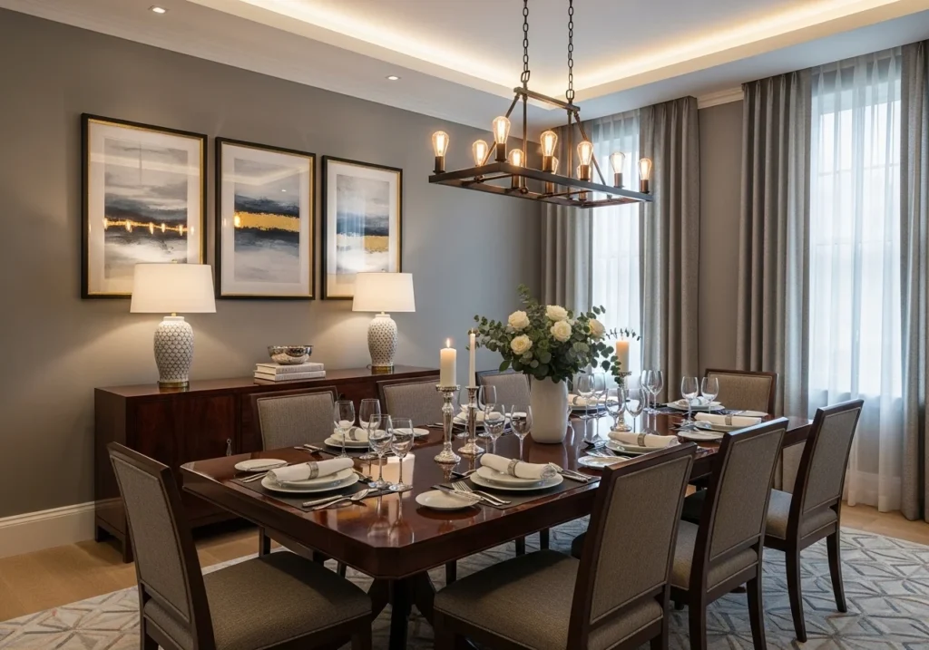 A dining room with elegant furniture, a set table, and ambient lighting.