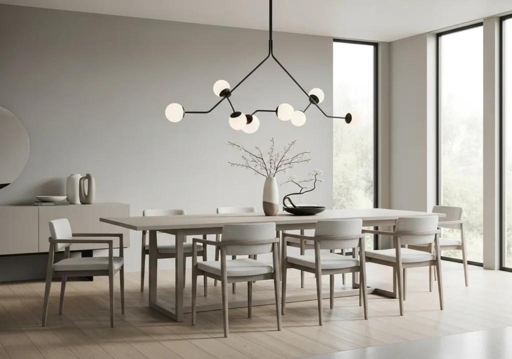 A modern dining room with minimalist furniture and elegant lighting.