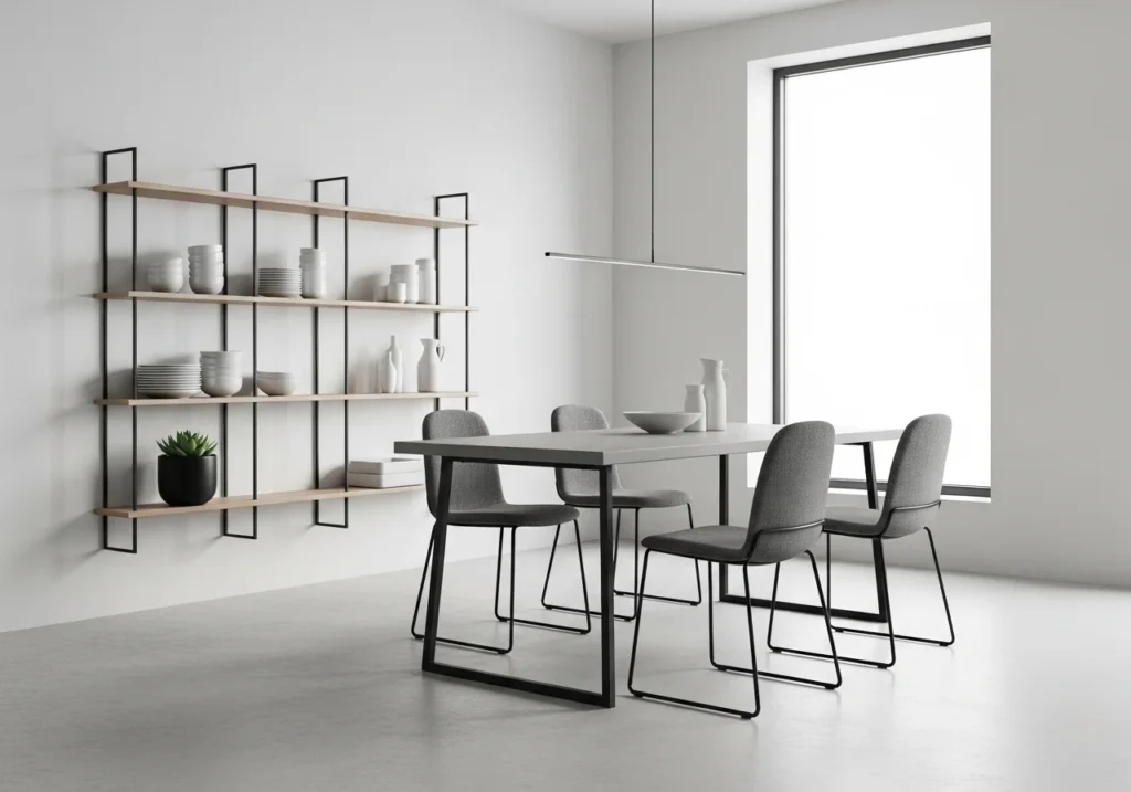 A minimalist dining room with neutral tones and functional furniture.