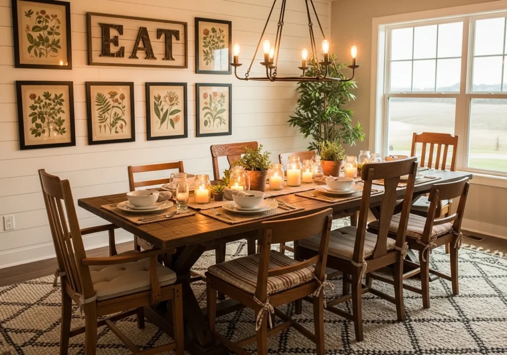 A farmhouse dining room with rustic furniture, vintage chairs, and greenery.