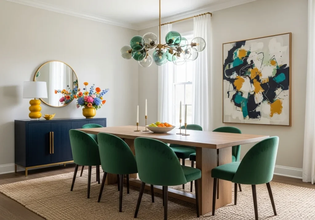 A dining room featuring a mix of neutral and bold colors with stylish accents.