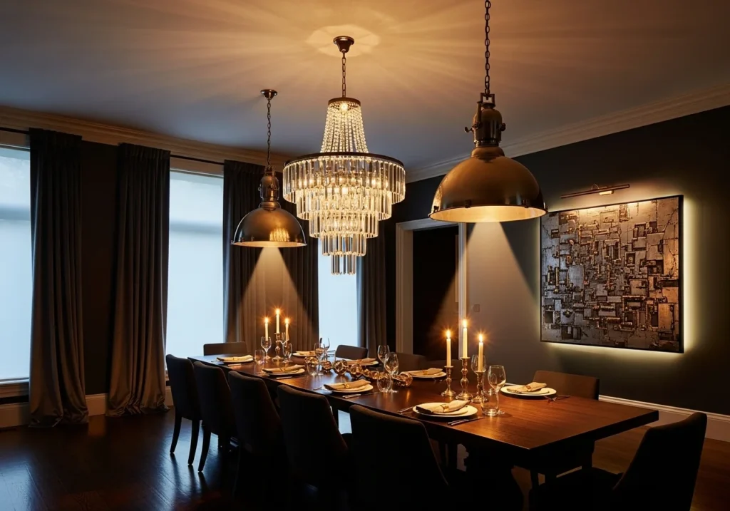 A dining room featuring a dramatic chandelier and stylish lighting fixtures.