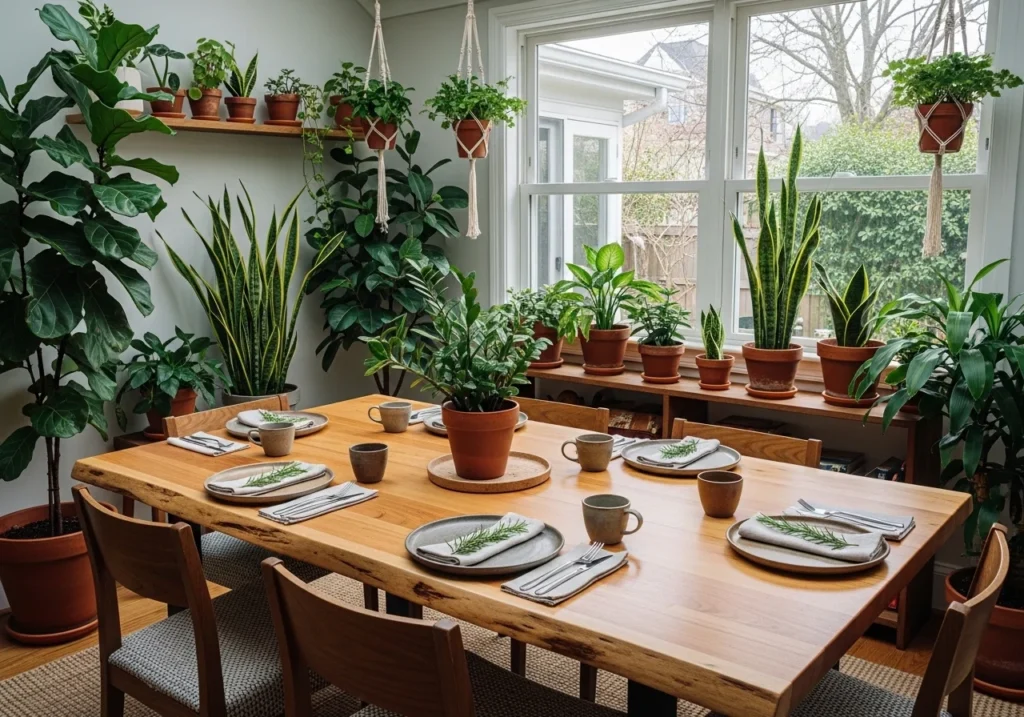 A dining room with wood, stone, and plants creating a natural, earthy feel.