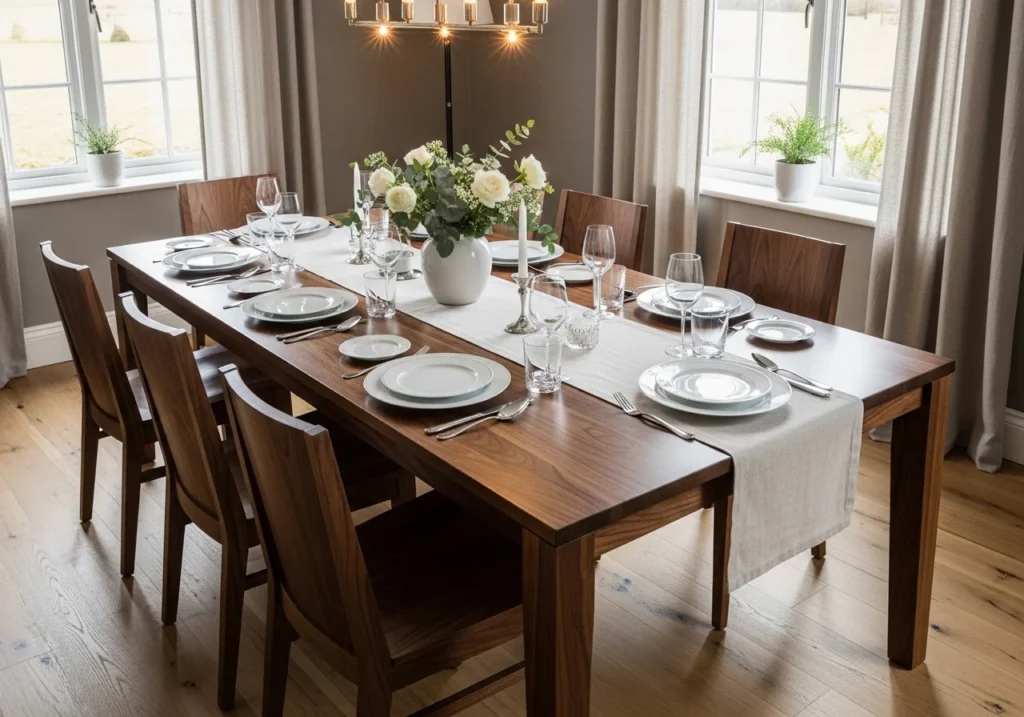 A dining room with a wooden dining table as the centerpiece, decorated with tableware.