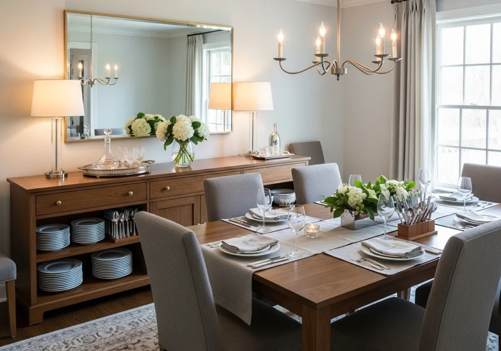 A dining room with a sideboard providing stylish storage for tableware and decor.