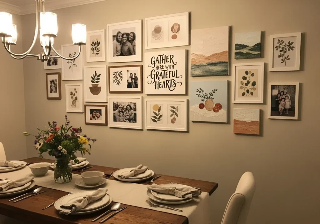 A dining room with DIY wall art adding personality to the walls.