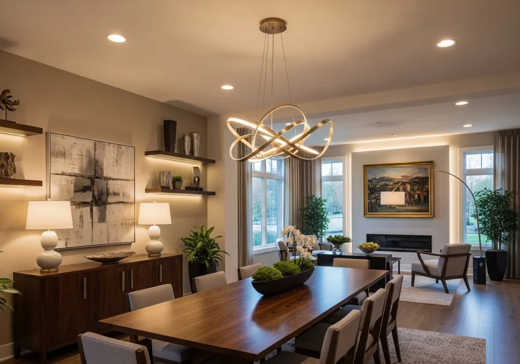 A dining room with pendant, layered, and accent lighting creating a cozy and stylish atmosphere.