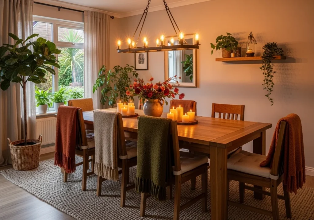 A cozy dining room with soft textiles, warm lighting, and natural elements like wood and plants.