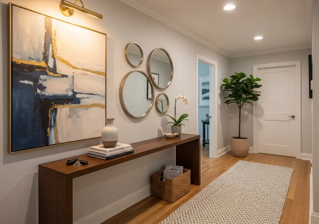 A stylish and functional hallway with a console table, mirrors, plants, and soft lighting creating a welcoming entry.